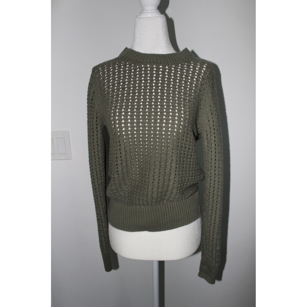 GAP Womens XS Olive Green Open Knit Crochet Cotton Sweater Long Sleeve Crew Neck